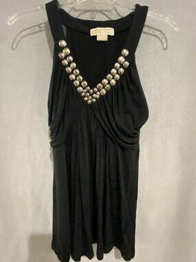 Michael Michael Kors Black Pearl Embellished Sleeveless Top Medium Ruched Blouse